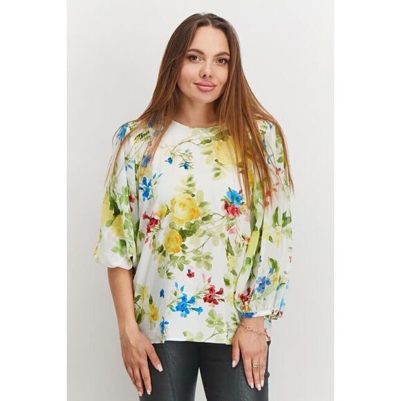 Calvin Klein Blouse NWT Size Medium White Multi Floral Chiffon Long Sleeve Top - Picture 1 of 13